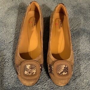 Clarks Taupe Suede Flats with Snakeskin Accent